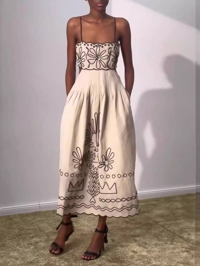 Printed Hollow Midi Dress