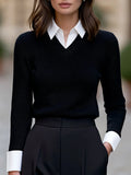 Faux Two-Piece Contrast Collar Knit Sweater