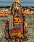 Halloween Themed Pumpkin Embroidery Patchwork Hoodie  096e