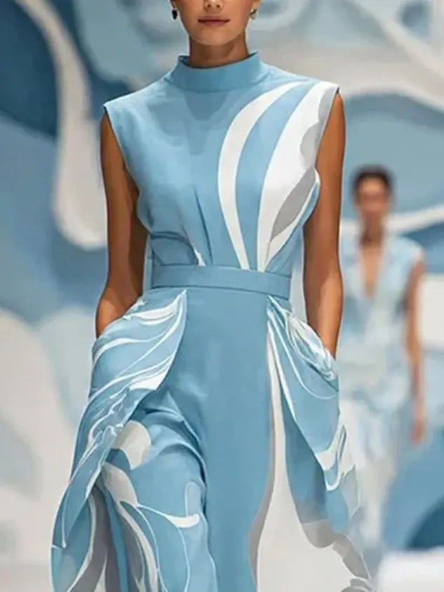 Elegant Abstract Printing Stand Collar Midi Dress