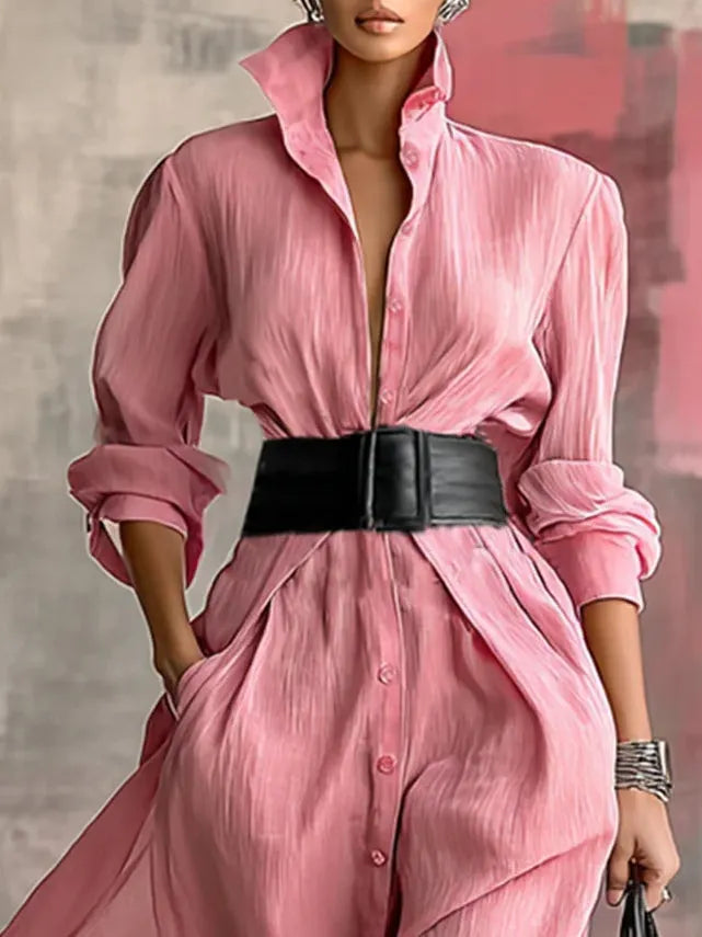 Pink Lapel Long-sleeved Single-breasted Tie-down Maxi Shirt Dress