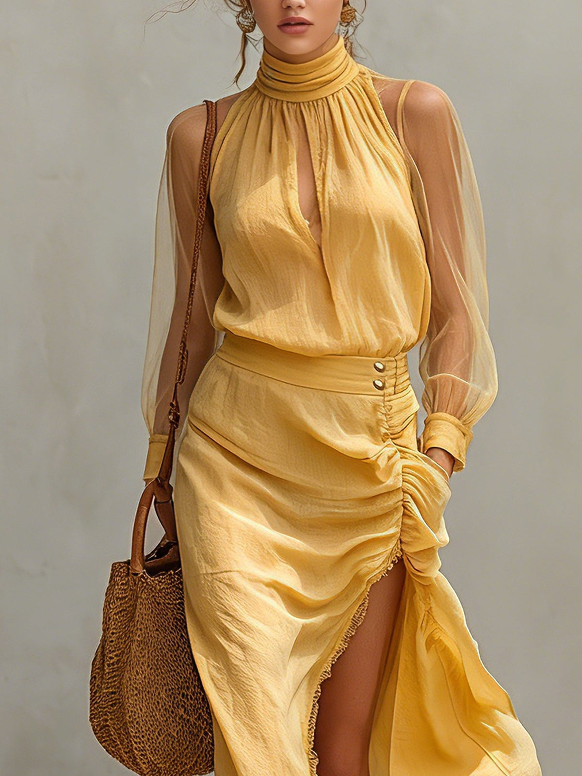 Yellow Cotton Linen Long Sleeve Maxi Dress