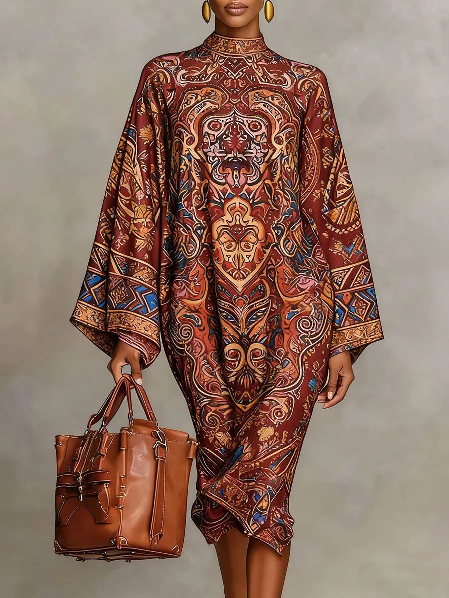 Long Sleeves Loose Contrast Color Printed Mock Neck Midi Dresses