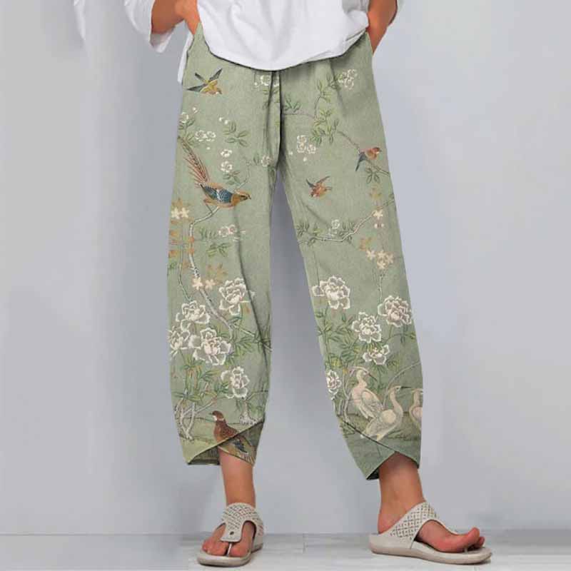 Floral Bird Print Loose Casual Pants