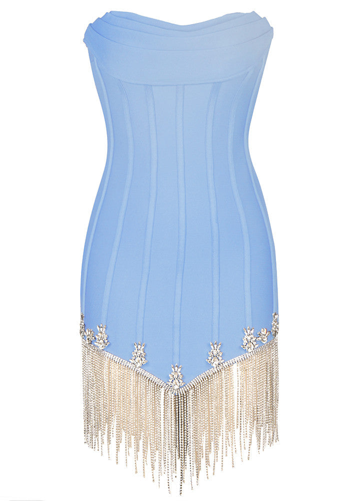 Strapless Crystal Tassel Dress Light Blue