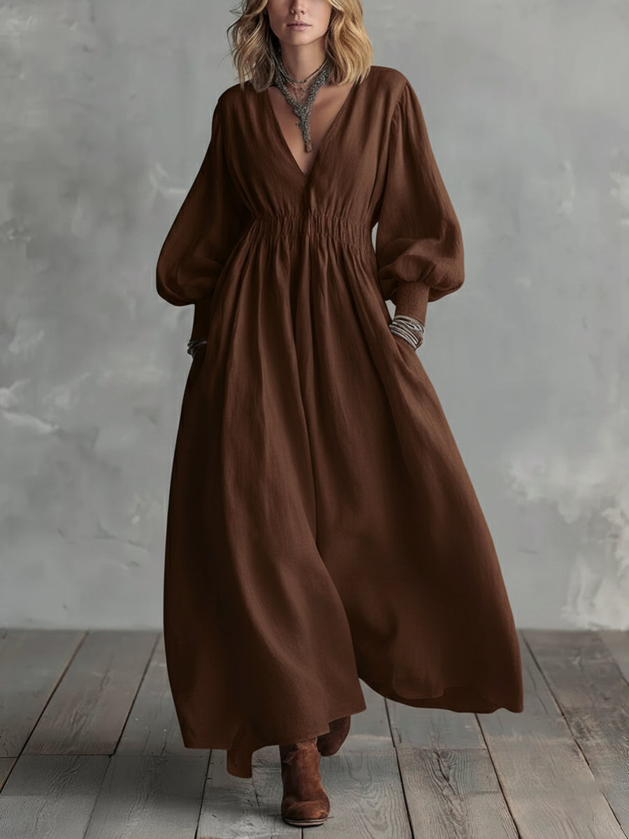 Waist-elastic Linen And Cotton Lantern-sleeved Dress