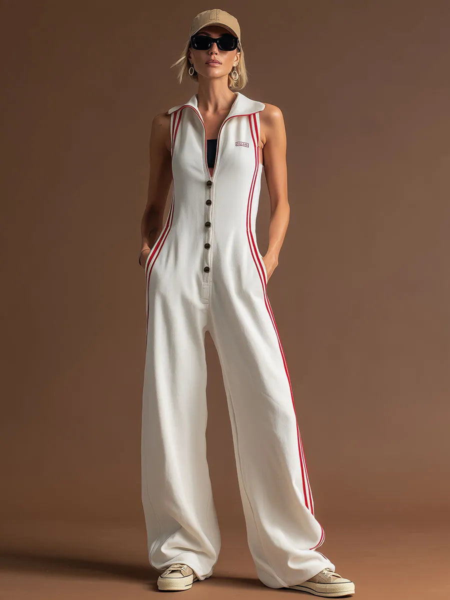 Sporty Retro Red Ribbon White Cotton Sleeveless Jumpsuit