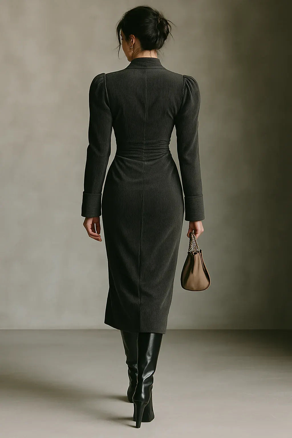 Black Corduroy V-Neck Waist Maxi Dress