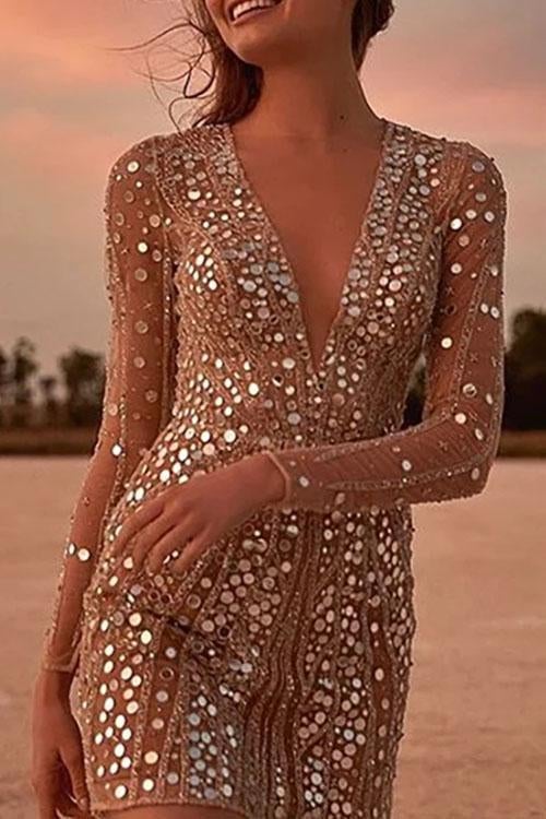 V Neck Sequin Wrap Mini Dress