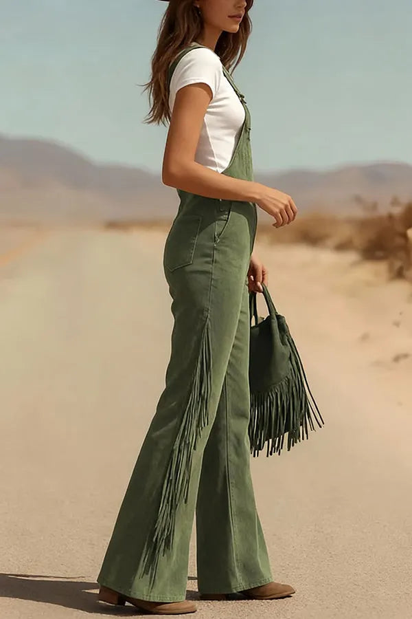 Stylish Suede Tassel Button Pocket Casual Wide-leg Overalls
