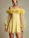 Yellow 3D Floral Pleated Chiffon Mini Dress