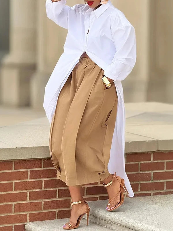 Loose Wide Leg Pleated Pockets Solid Color Pants