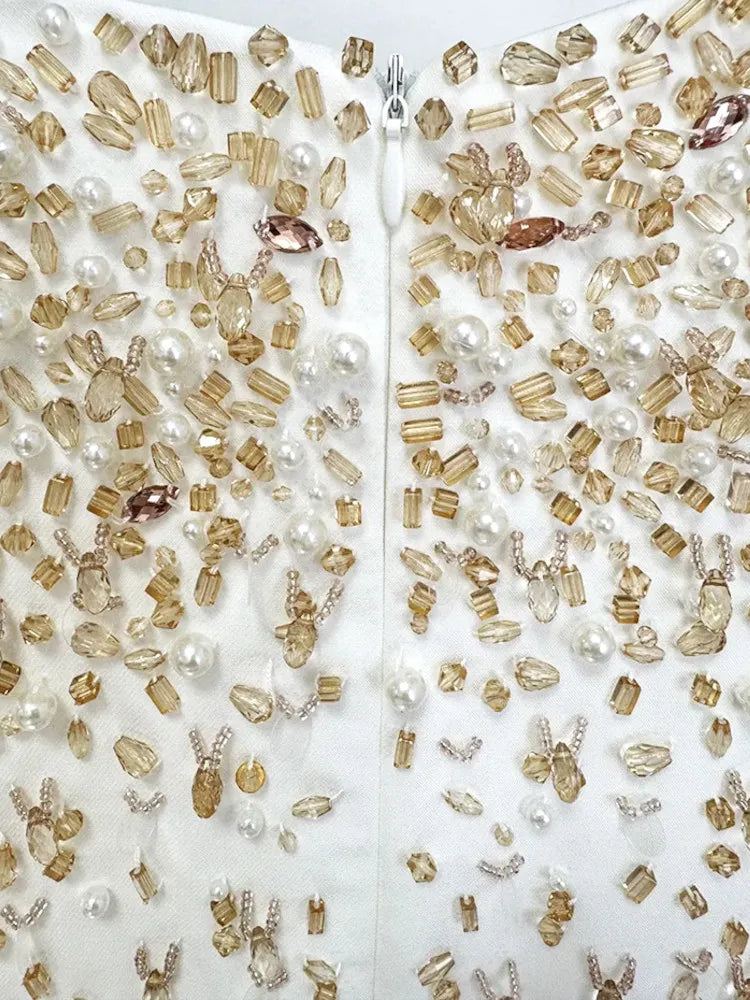 Long Sleeve Crystal Pearl Sequin Maxi Dress White