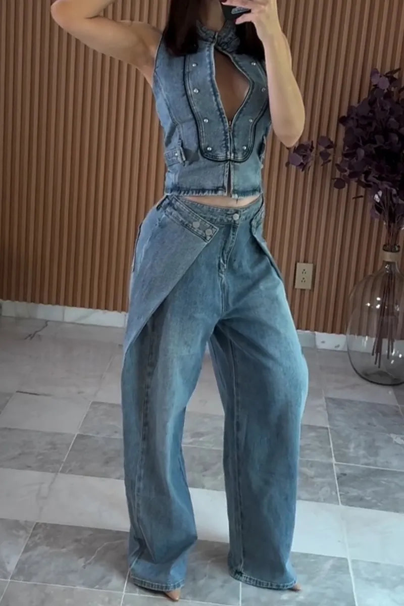 Women's Casual Slim Fit Backless Denim Vest or Layered Jeans