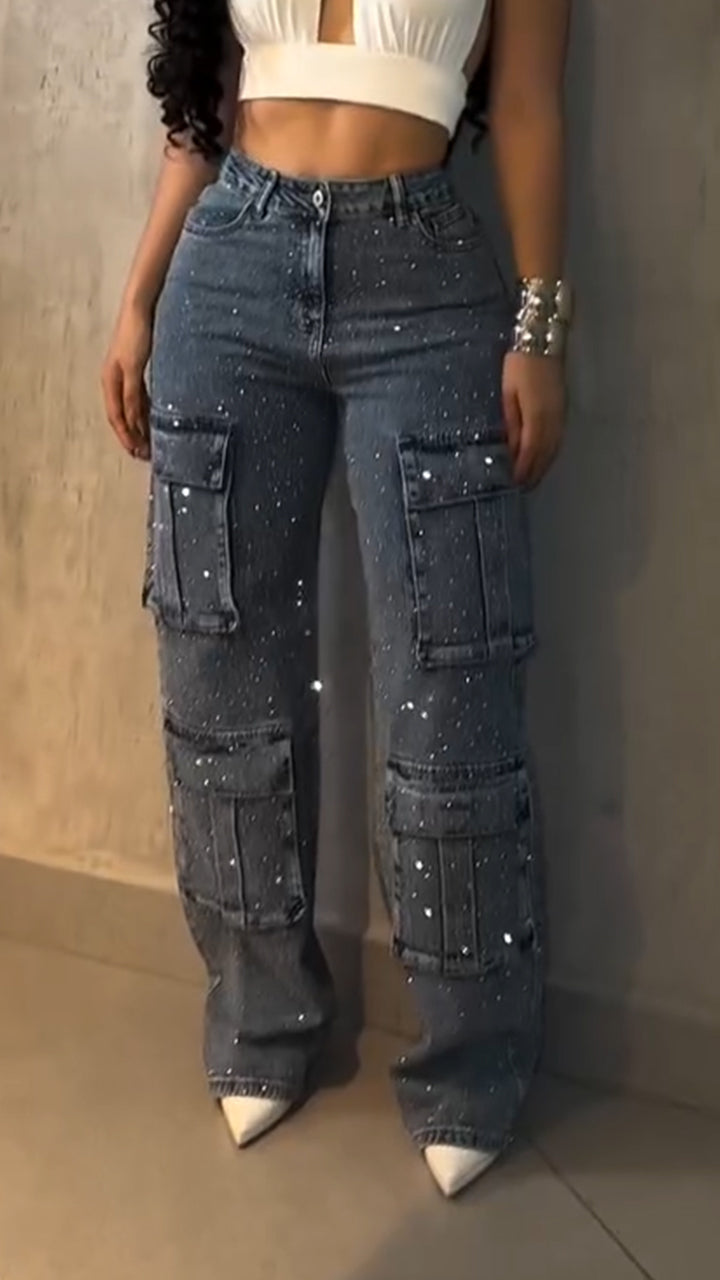Women Hot Diamond Splicing Multi-pocket Casual Jeans