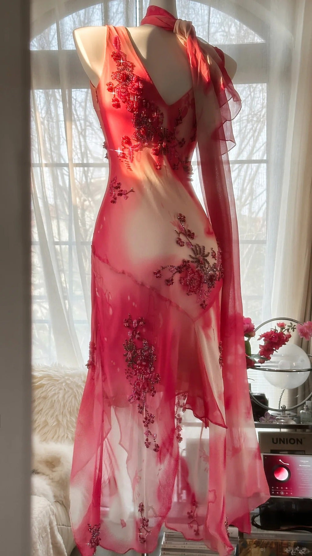 Pink Gorgeous Elegant Romantic Exquisite Beaded Blooming Long Chiffon Ball Gown Evening Dress Birthday/Wedding Guest Party Dress