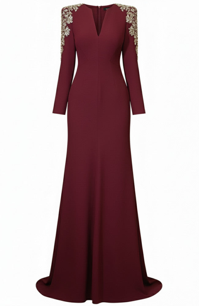 Long Sleeve Embellished Shoulders Maxi Dress Burgundy