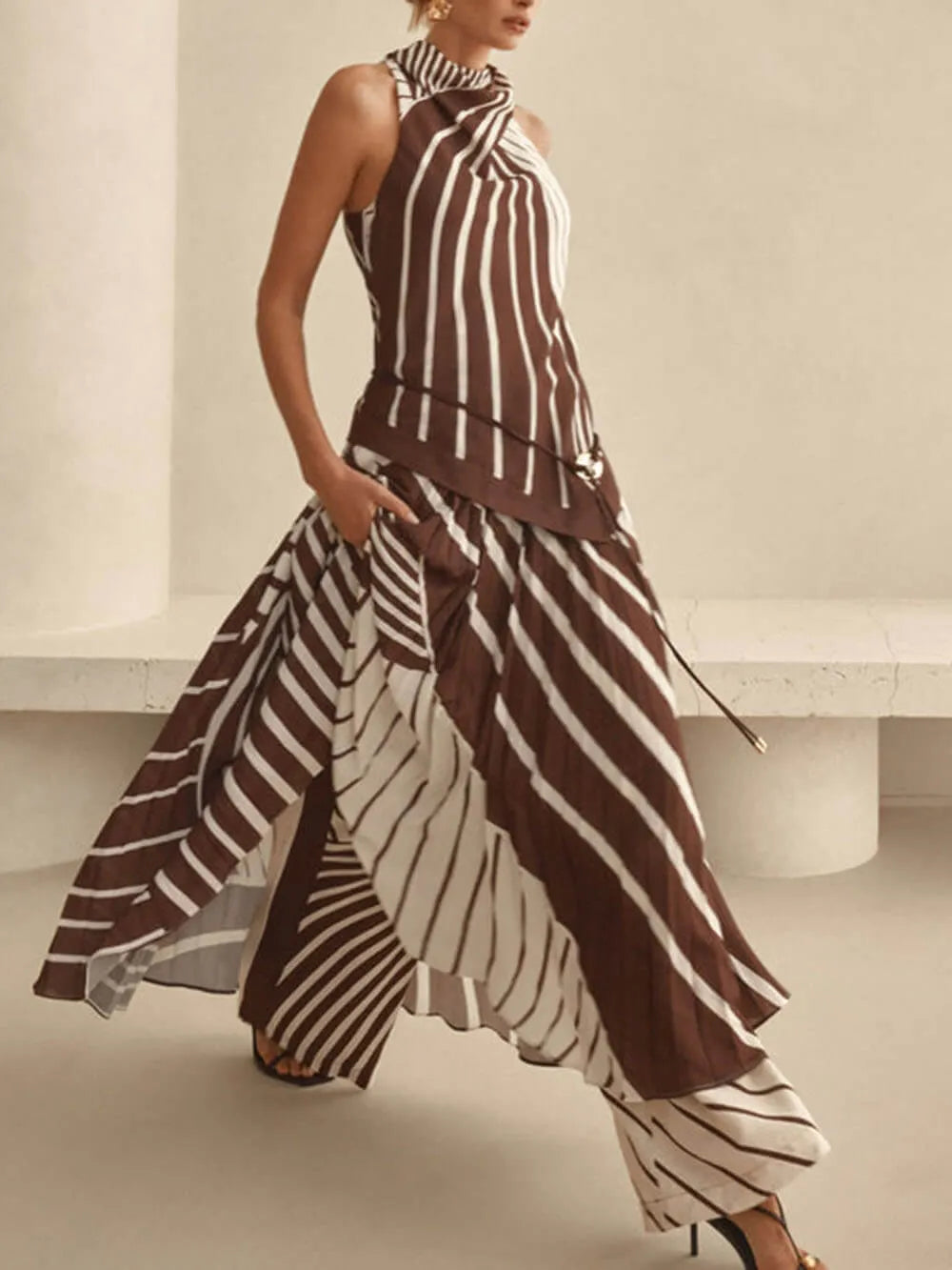 Elegant Striped Print Asymmetrical Hem Pleated Maxi Dress