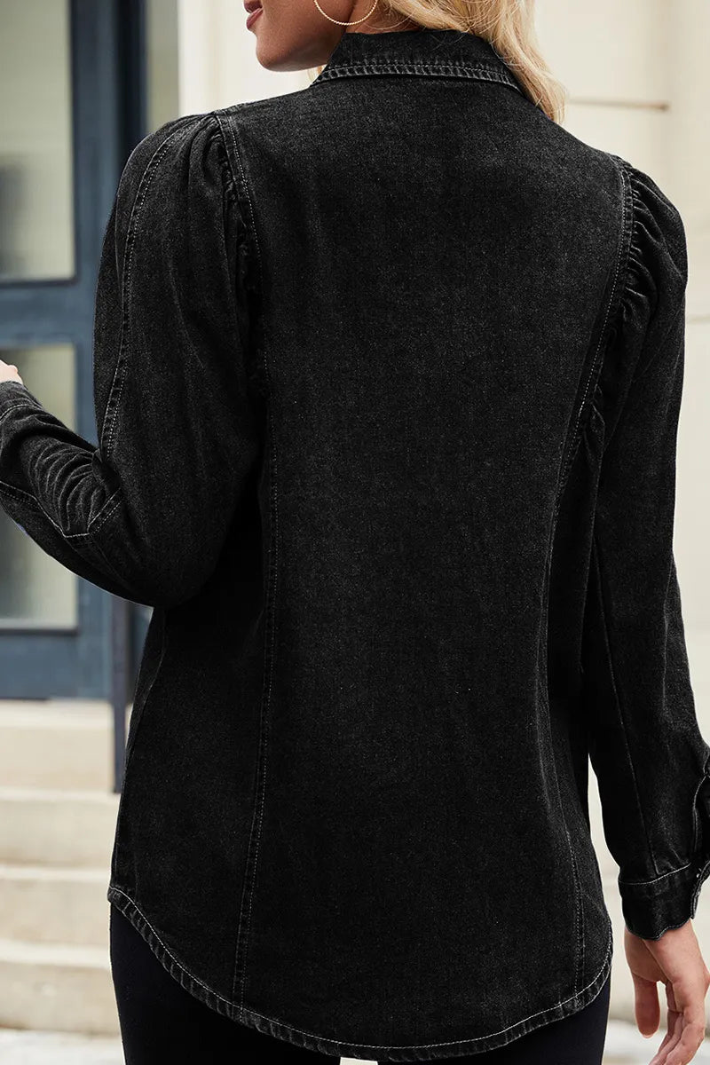 Women's Cropped Denim Shirt With Raw Hem Shoulder Detail