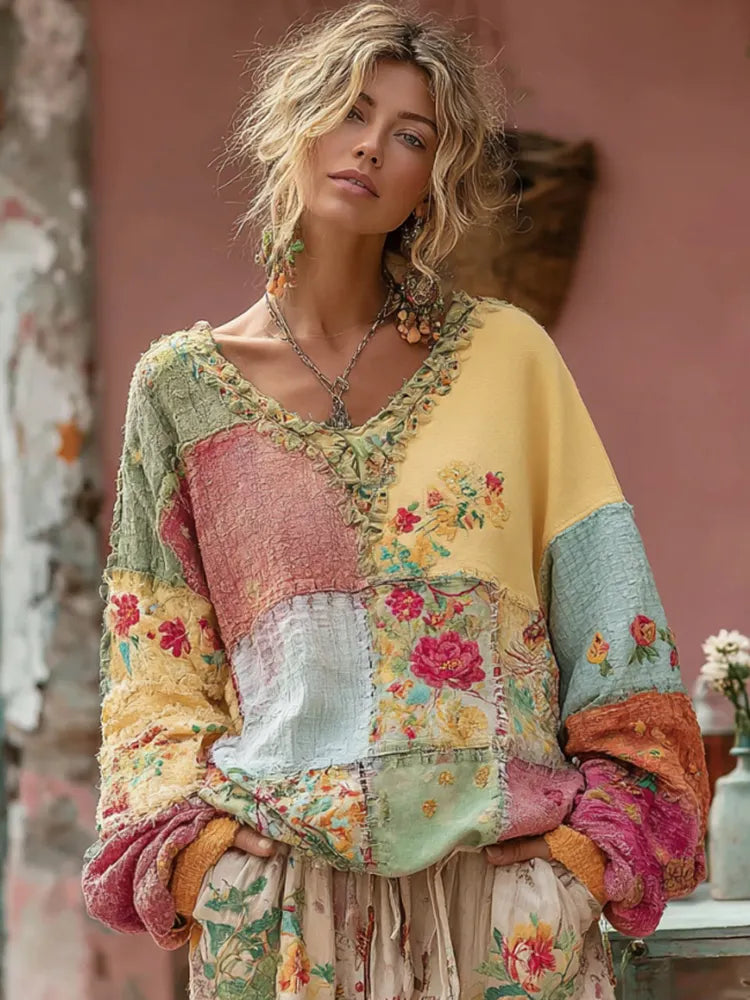 Women's Flower Embroidery Macaroon Color Patchwork Art V-neck Casual Sweatshirt