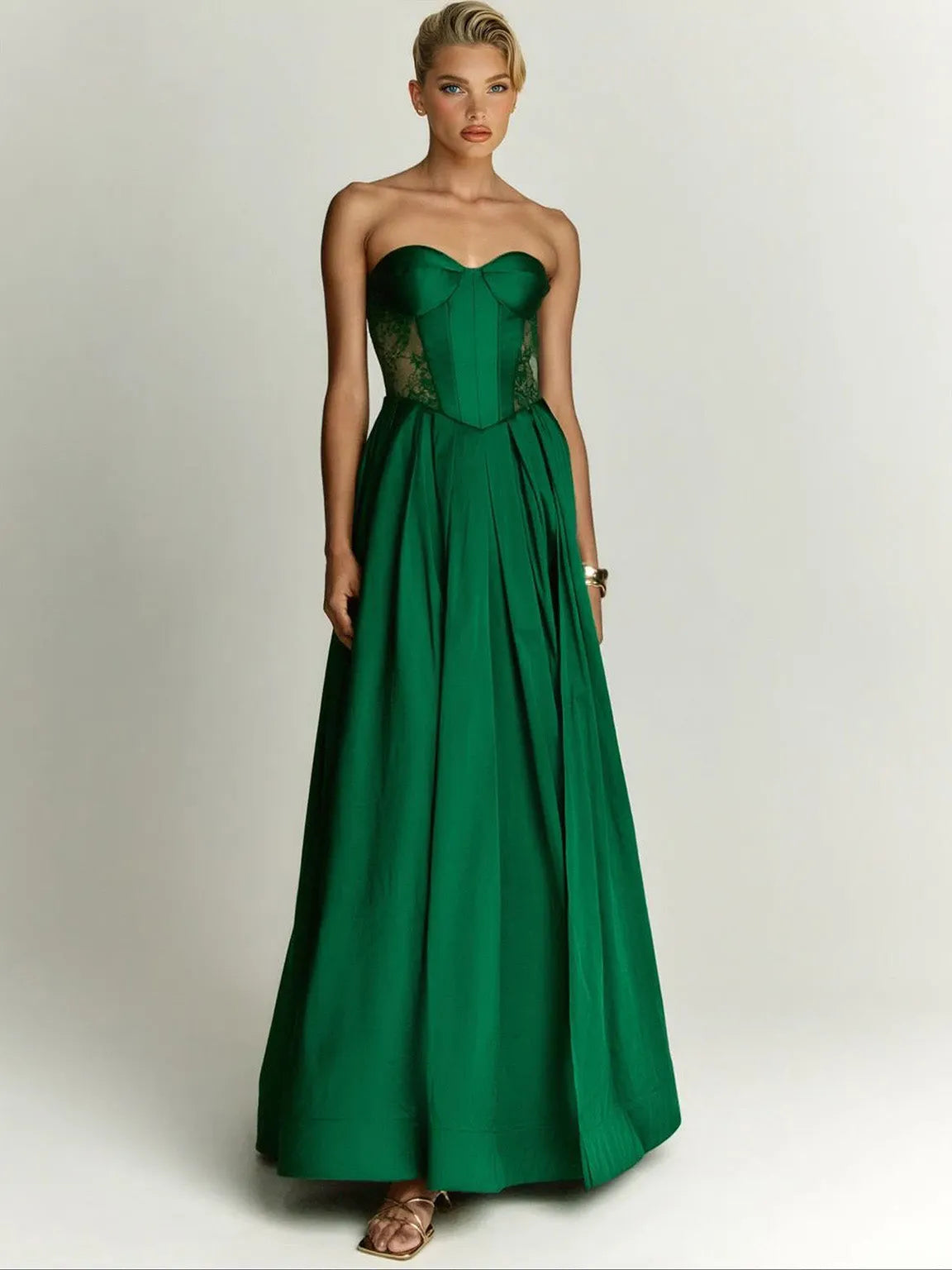 Elegant Strapless Lace-Panel Ball Gown Maxi Dress