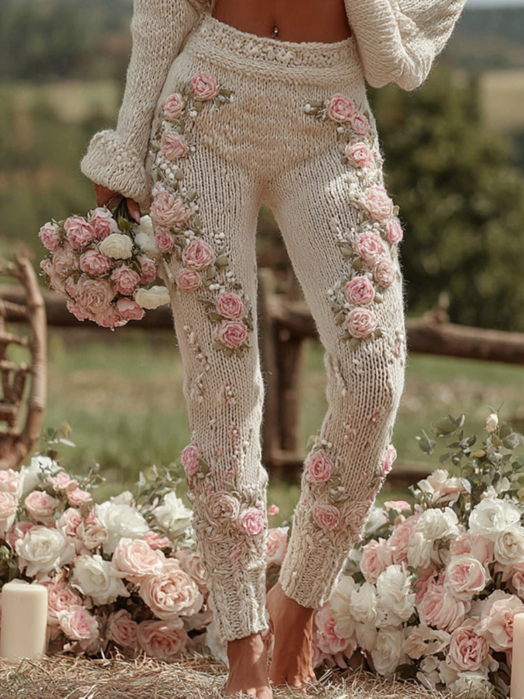 Women's Vintage Patchwork Floral Art Cozy Knit Leggings