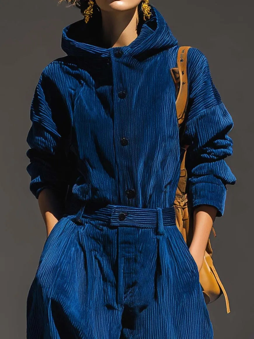 Blue Corduroy Hooded Top And Wide-leg Pants Set