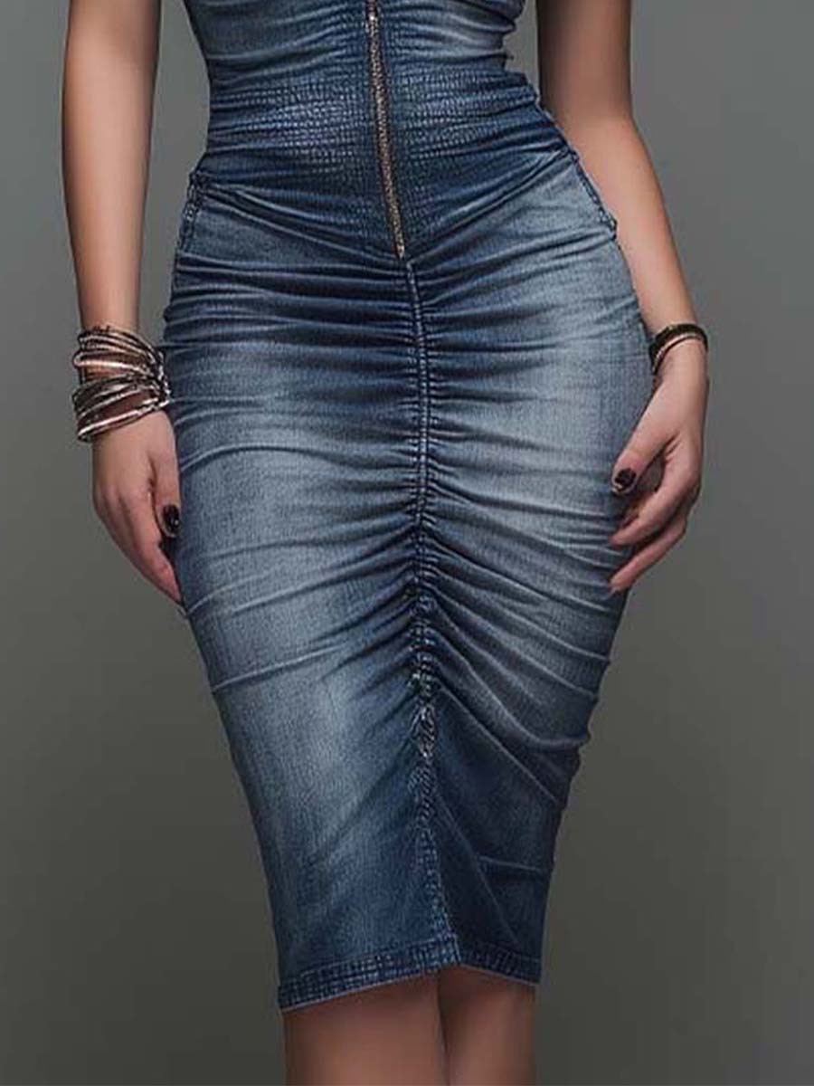 Pure-Cotton Denim Zip-Front Ruched Midi Dress