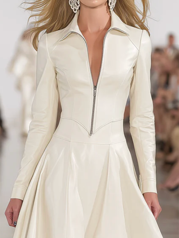 Long Sleeves Skinny Soft Zipper Lapel Midi Dresses