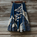 Vintage Japanese Traditional Sashiko With Sakura Art Pattern Linen Blend Casual Skirt
