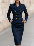 Military-Inspired Denim Blazer & Midi Skirt Set