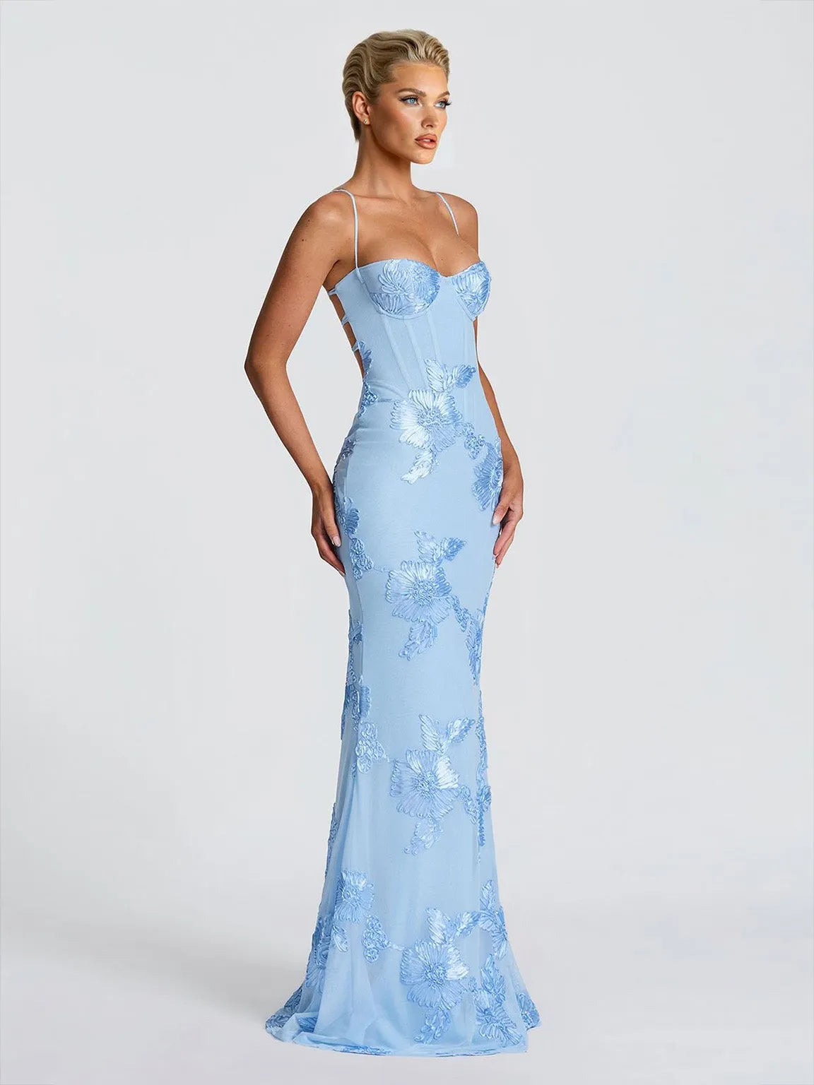 Elegant Floral Embroidered Spaghetti Strap Mermaid Maxi Dress