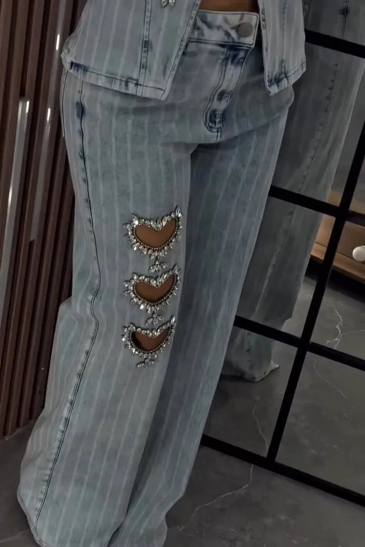Women's Heart Rhinestone Vintage Washed Stripe Vest + Jeans