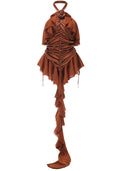 Halter Floral Ruffle Ruched Dress Brown