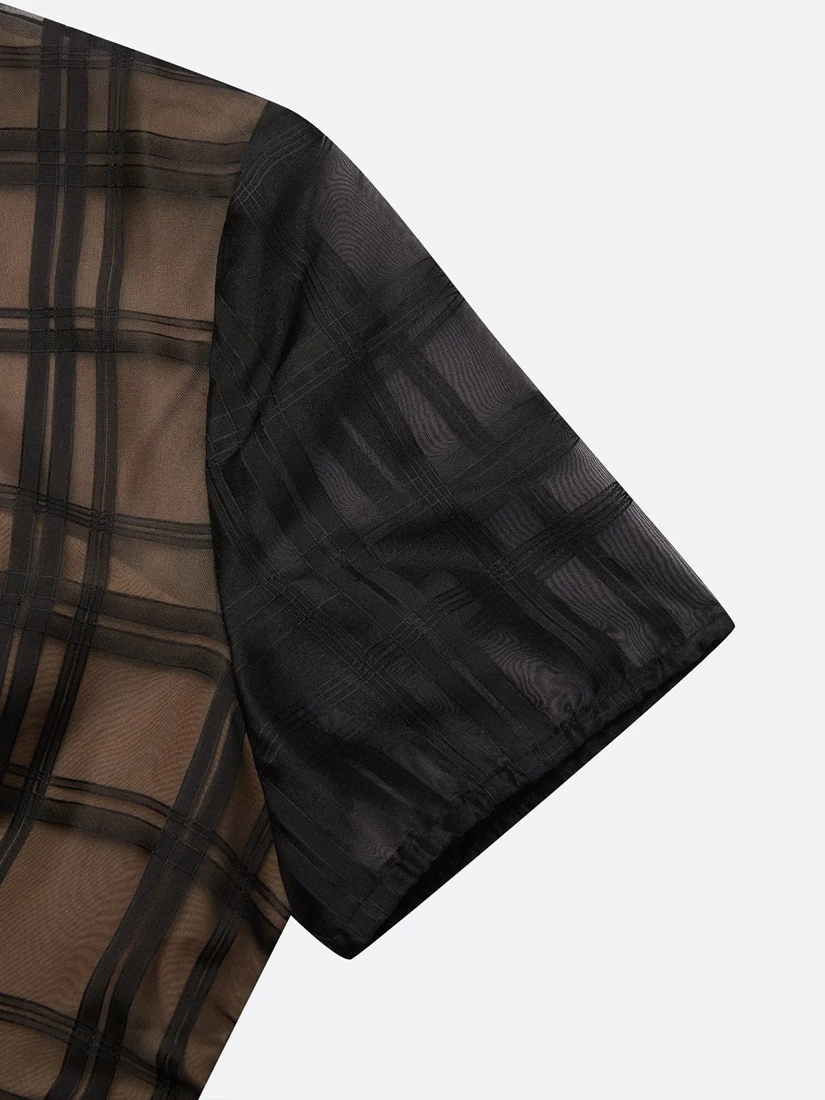 Black Organza Plaid Classic V Neck Short Sleeve Sheath Midi Dress