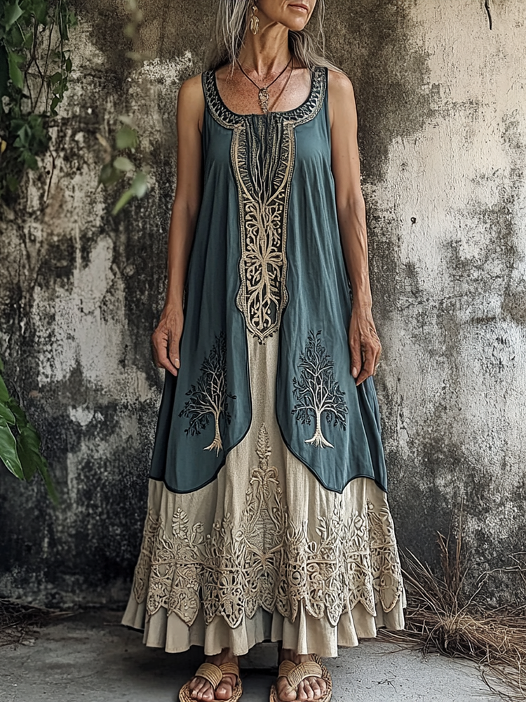Women's Vintage Tribal Patchwork Linen Blend Midi Dress