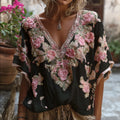 Bohemian-style Pink Floral Embroidery V-neck Short-sleeved Shirt With Sequins
