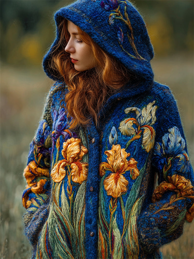 Vintage Irises Felt Embroidered Cozy Knit Hooded Cardigan