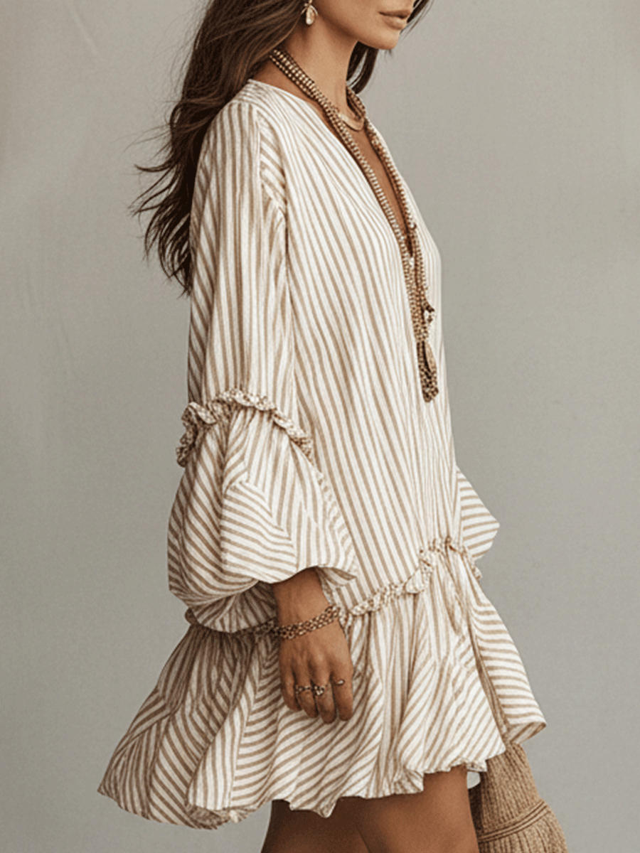 Sand Stripe Ruffled Boho Mini Dress