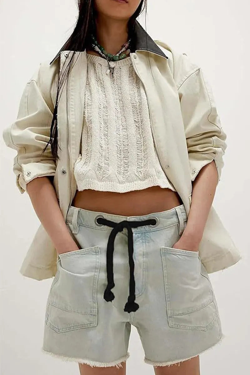 Women's Casual Drawstring Multi Pocket Loose Denim Shorts