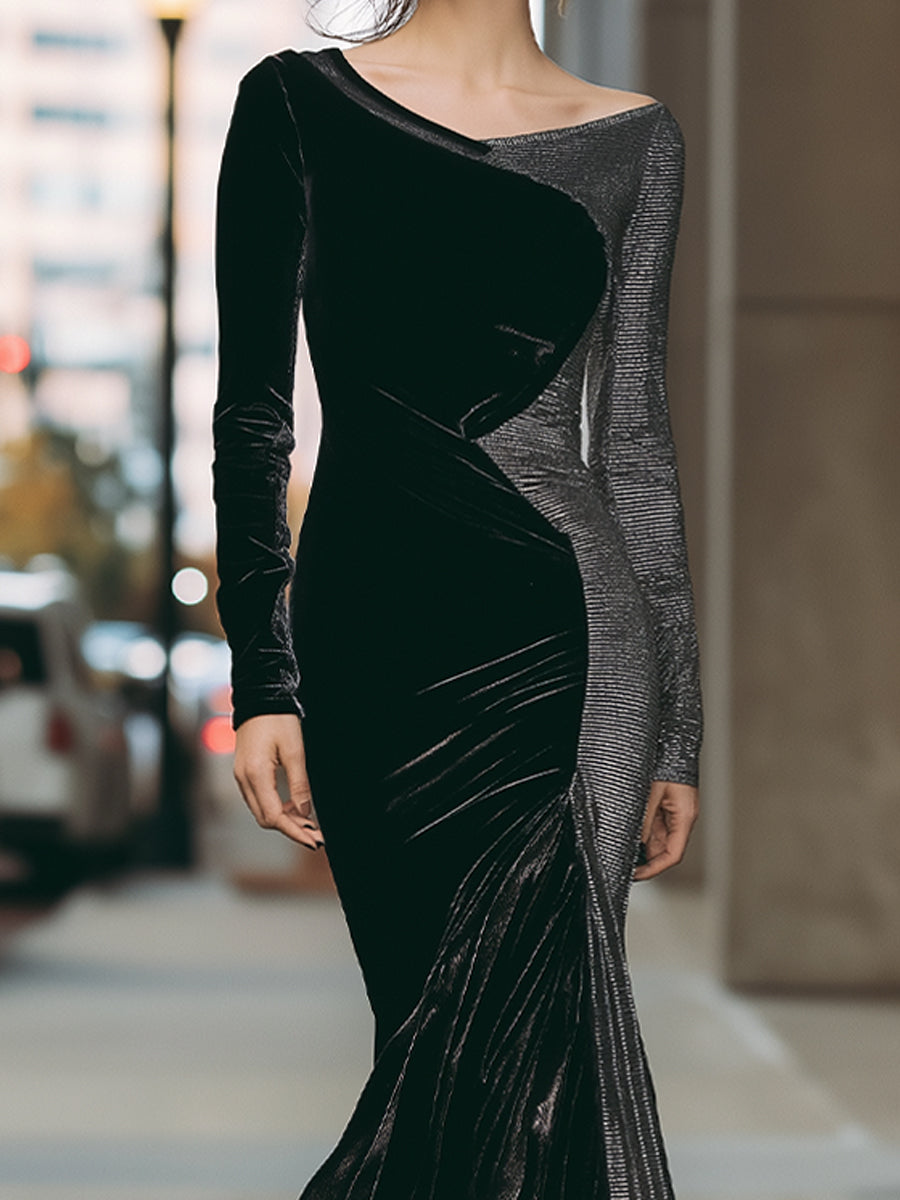 Monochrome Velvet Panel Gown With Asymmetric Design