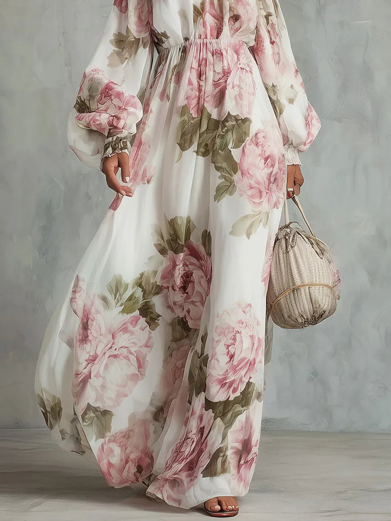 White And Pink Floral Print Off-shoulder Chiffon Maxi Dress