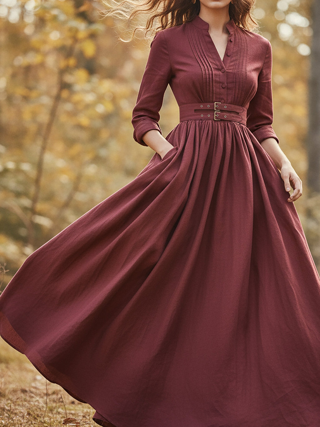 Maxi Linen Dress, Long Sleeves, Stand Collar, Plain, Button Design, Vintage, Red
