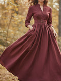 Maxi Linen Dress, Long Sleeves, Stand Collar, Plain, Button Design, Vintage, Red