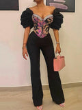 Stylish V-Neck Floral Printed Ruffled Split-Joint Straight Leg Jumpsuits
