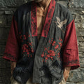 Japanese Cherry Blossoms Cranes Patchwork Art Linen Kimono Cardigan