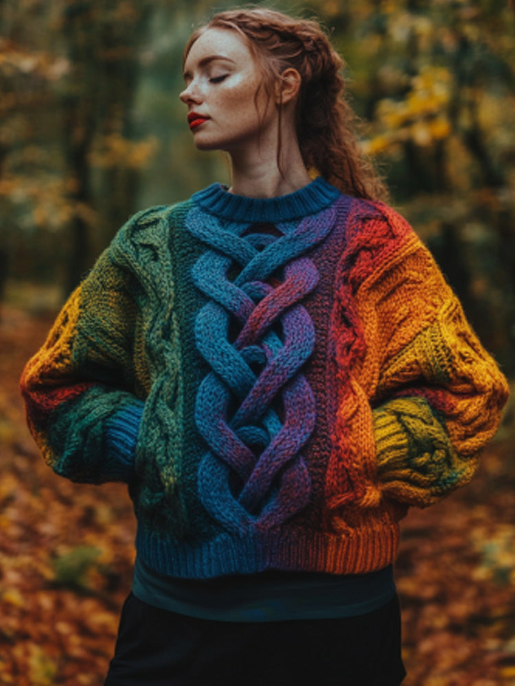 Women's Irish Rainbow Pattern Jacquard Pocket Cozy Sweater