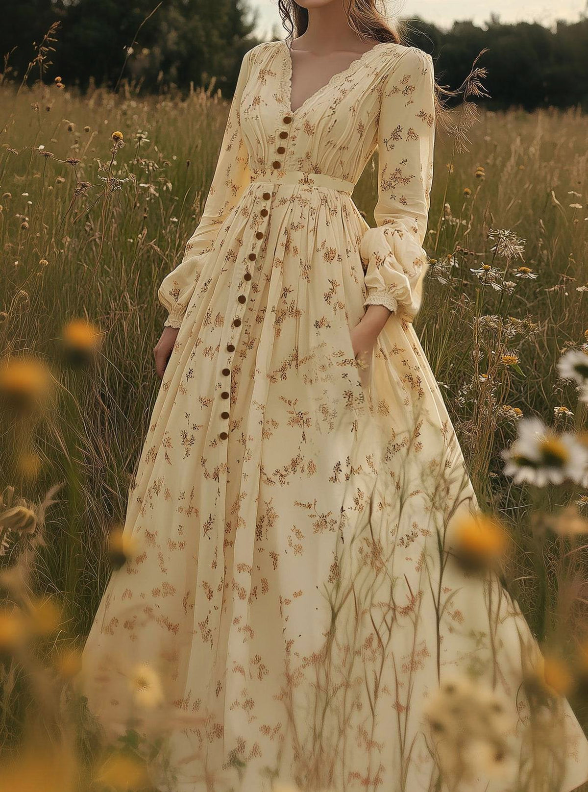 Maxi Linen Dress, Long Sleeves, V Neck, Cottagecore, Linen Blend, Apricot