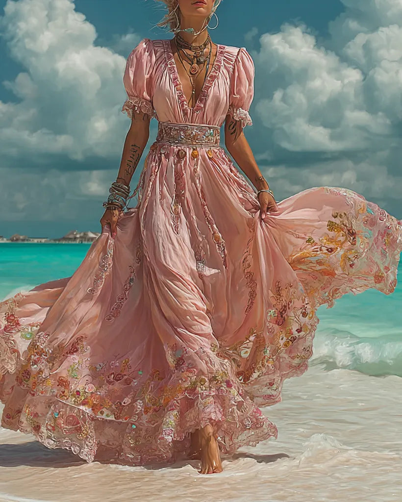 Summer Vacation Ombre Lace Turquoise Beaded Dress 5361