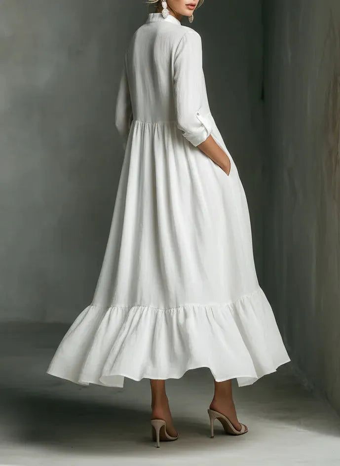 White Long-sleeved Ruffled Maxi Dress